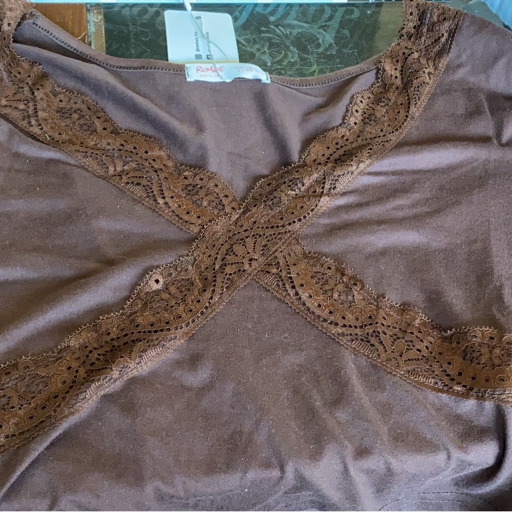 Brown V Neck Crop Top With Lace Detail.